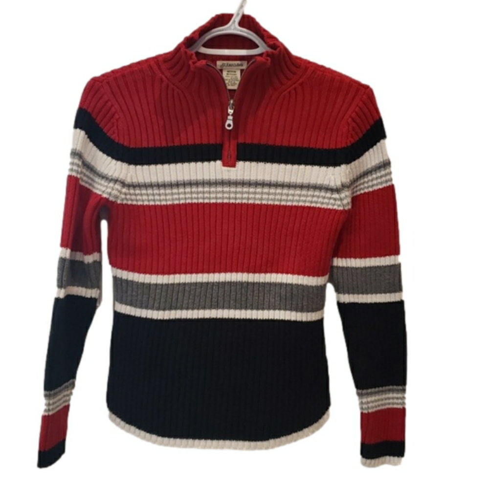 ST. JOHN'S BAY Chunky Knit Sweater Red Striped Mock Neck 3/4 Zip Women's M